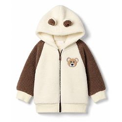 Babyhug  Fur Woven Full Raglan Sleeves Hooded Winter Wear Suit Teddy Patch - White & Brown