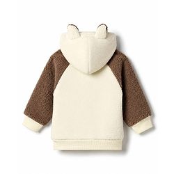 Babyhug  Fur Woven Full Raglan Sleeves Hooded Winter Wear Suit Teddy Patch - White & Brown