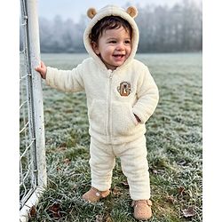 Babyhug Fur Woven Full Sleeves Hooded Winter Wear Suit Teddy Patch - White
