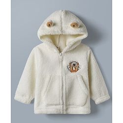 Babyhug Fur Woven Full Sleeves Hooded Winter Wear Suit Teddy Patch - White