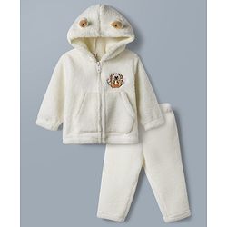 Babyhug Fur Woven Full Sleeves Hooded Winter Wear Suit Teddy Patch - White