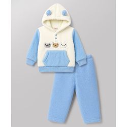 Babyhug Fur Woven Full Sleeves Hooded Winter Wear Suit Teddy Patch - Blue