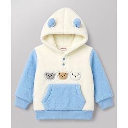 Babyhug Fur Woven Full Sleeves Hooded Winter Wear Suit Teddy Patch - Blue