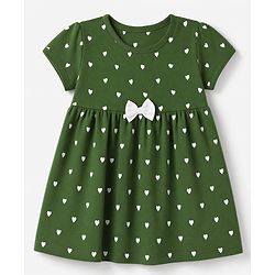 Babyhug 100% Cotton Single Jersey Cotton Knit Half Sleeves One Piece Dress With Hearts Print & Bow Applique - Green