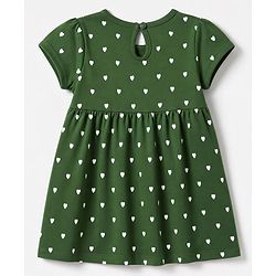 Babyhug 100% Cotton Single Jersey Cotton Knit Half Sleeves One Piece Dress With Hearts Print & Bow Applique - Green