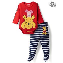 Babyhug Disney 100% Cotton Knit Full Sleeves Onesies & Bootie Leggings With Stripes & Winnie The Pooh Graphic - Multicolor