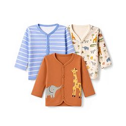 Babyhug 100% Cotton Interlock Knit Front Open Full Sleeves Striped Jhablas with Jungle Safari Theme Pack of 3 - Blue Cream Light Brown