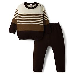 Babyhug Knit Full Sleeves Sweater Set with Stripes -Brown