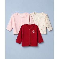 Babyhug 100% Cotton Interlock Knit Full Sleeves Front Open Jhablas With Floral Print Pack of 3 - Red & Pink