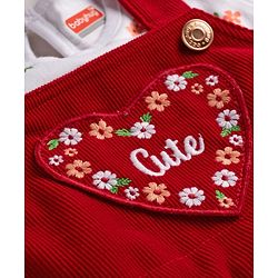 Babyhug Woven Half Sleeves Floral Printed & Embroidered Frock With Inner Tee - Red