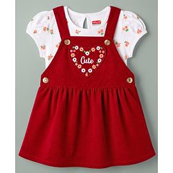 Babyhug Woven Half Sleeves Floral Printed & Embroidered Frock With Inner Tee - Red