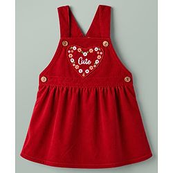 Babyhug Woven Half Sleeves Floral Printed & Embroidered Frock With Inner Tee - Red