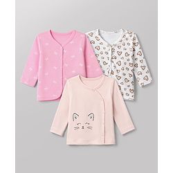 Babyhug 100% Cotton Interlock Knit Front Open Jhablas With Heart & Bow Print pack of 3 - Pink Peach White