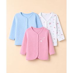 Babyhug 100% Cotton Interlock Knit Front Open Striped Jhablas With Floral & Polka Dot Print Pack of 3 - Light Blue, White & Pink