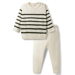 Babyhug Sweater Knit Full Sleeves Striped Sweater Set -White