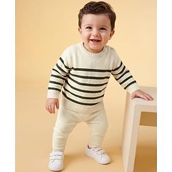 Babyhug Sweater Knit Full Sleeves Striped Sweater Set -White