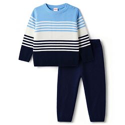Babyhug Sweater Knit Full Sleeves Sweater Set with Stripes - Blue