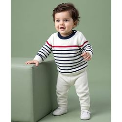 Babyhug Sweater Knit Full Sleeves Striped Sweater Set - White