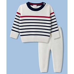 Babyhug Sweater Knit Full Sleeves Striped Sweater Set - White