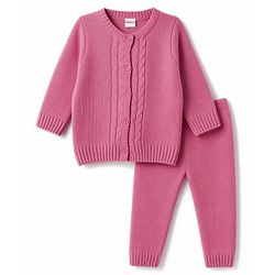 Babyhug Knit Full Sleeves Solid Colour Sweater Set with Cable Knit Design- Pink
