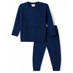 Babyhug Knit Full Sleeves Sweater Set With Cable Knit - Navy Blue
