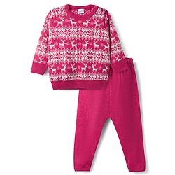 Babyhug Knit Full Sleeves Floral & Deer Designed Sweater Set -Pink