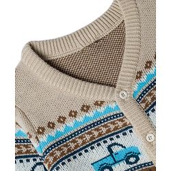 Babyhug Knit Full Sleeves Sweater Set With Vehicles Design - Cream