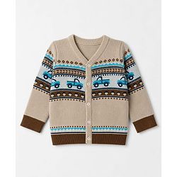 Babyhug Knit Full Sleeves Sweater Set With Vehicles Design - Cream
