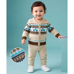 Babyhug Knit Full Sleeves Sweater Set With Vehicles Design - Cream