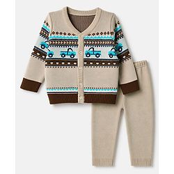 Babyhug Knit Full Sleeves Sweater Set With Vehicles Design - Cream