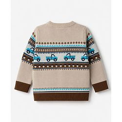 Babyhug Knit Full Sleeves Sweater Set With Vehicles Design - Cream