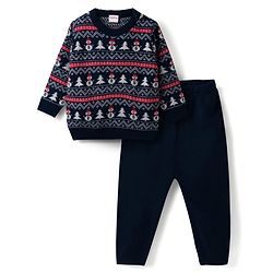 Babyhug Knit Full Sleeves Snow Man Designed Sweater Set -Navy
