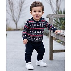 Babyhug Knit Full Sleeves Snow Man Designed Sweater Set -Navy
