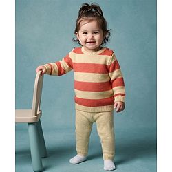 Babyhug Knit Full Sleeves Striped Sweater Set - Rust Orange