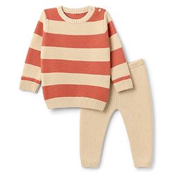 Babyhug Knit Full Sleeves Striped Sweater Set - Rust Orange