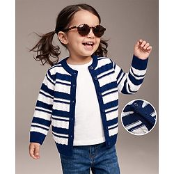 Babyhug Knit Full Sleeves Front Open Striped Sweater Set - Navy