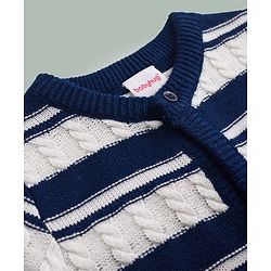 Babyhug Knit Full Sleeves Front Open Striped Sweater Set - Navy