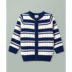 Babyhug Knit Full Sleeves Front Open Striped Sweater Set - Navy