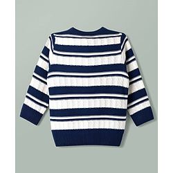 Babyhug Knit Full Sleeves Front Open Striped Sweater Set - Navy