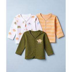 Babyhug 100% Cotton Interlock Knit Full Sleeves Jhablas With Animal Print Pack of 3 - White Olive Green & Orange