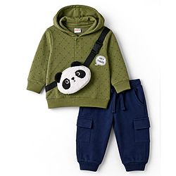Babyhug 100% Cotton Knit Full Sleeves Checked Hooded T-Shirt & Jogger Set With Panda Applique - Green & Navy Blue