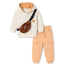 Babyhug 100% Cotton Knit Full Sleeves Checked Hooded Sweatshirt & Pant Set With Sling Bag Applique - OffWhite & Beige