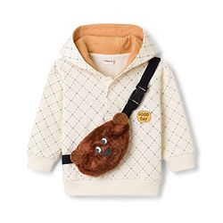 Babyhug 100% Cotton Knit Full Sleeves Checked Hooded Sweatshirt & Pant Set With Sling Bag Applique - OffWhite & Beige