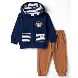 Babyhug 100% Cotton Knit Full Sleeves Striped & Bear Printed Winter Wear Set - Navy Blue & Brown