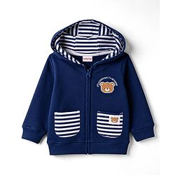 Babyhug 100% Cotton Knit Full Sleeves Striped & Bear Printed Winter Wear Set - Navy Blue & Brown