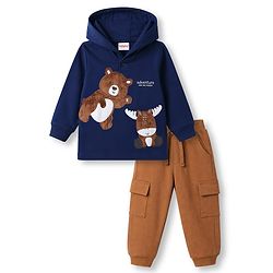 Babyhug 100% Cotton Terry Knit Full Sleeves Hooded T-Shirt & Lounge Pant Set with Bear Print - Navy