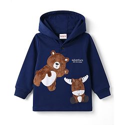 Babyhug 100% Cotton Terry Knit Full Sleeves Hooded T-Shirt & Lounge Pant Set with Bear Print - Navy