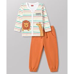 Babyhug 100% Cotton Interlock Knit Full Sleeves Striped T-Shirt & Pant Set With Animal Print - Multicolor