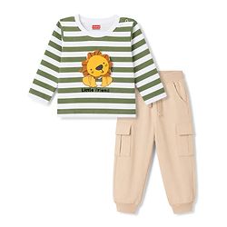Babyhug Interlock Knit Full Sleeves Striped T-Shirt & Lounge Pant Set with Lion Applique - Multicolour