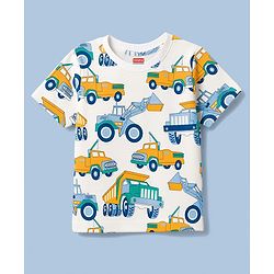 Babyhug Cotton Knit Half Sleeves Vehicles Printed Co-Ords T-Shirt & Shorts Night Suit - Cream
